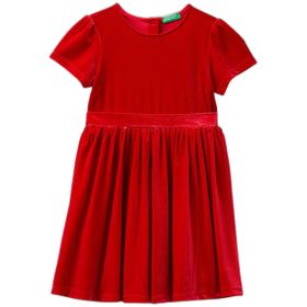 Benetton Kız Çocuk Kırmızı Sırtı Düğme Detaylı Beli Bağlamalı Kısa Kollu Kadife Elbise