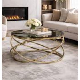 Bengi Ticaret 17144 ZLF Dalga Metal Ayak Gold renk Kaplama Beyaz MDF Tabla El Yapım Orta Sehpa