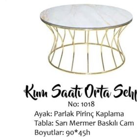 Bengi Ticaret Brc 19453 Kum Saati Sarı Mermer Temper Cam Metal Gold Kaplama El Yapım Orta Sehpa