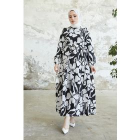 Benguen 431 Çiçek Desen Tesettür Siyah Elbise