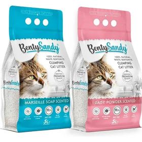 Bentysandy 2x5 lt Bebek Pudrası ve Marsilya Sabunu Kokulu Topaklanan Kedi Kumu Seti