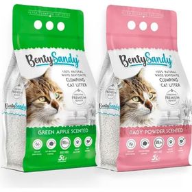 Bentysandy 2x5 lt Bebek Pudrası ve Yeşil Elma Kokulu Topaklanan Kedi Kumu Seti