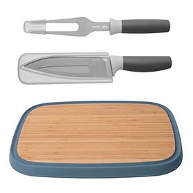 BergHoff Leo 18/10 Paslanmaz Çelik Bambu Kesme Tahtası ve 2 Parça Bıçak ve Servis Çatalı Seti