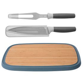 BergHoff Leo 18/10 Paslanmaz Çelik Bambu Kesme Tahtası ve 2 Parça Bıçak ve Servis Çatalı Seti