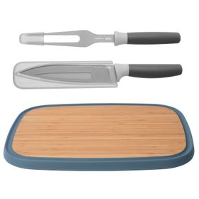 BergHoff Leo 18/10 Paslanmaz Çelik Bambu Kesme Tahtası ve 2 Parça Bıçak ve Servis Çatalı Seti