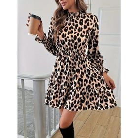 Beruflic Kadın Uzun Kollu Yarı Balıkçı Yaka Leopar Desenli Modal Mini Elbise