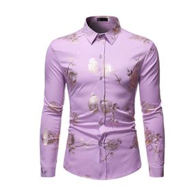 Bestgift Bronz Mor Light Purple Uzun Kollu Çiçekli Erkek Gömlek