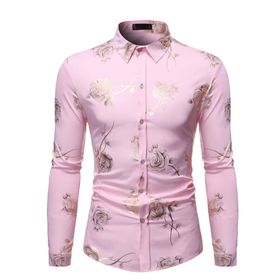 Bestgift Bronz Pembe Kırmızı Uzun Kollu Çiçekli Erkek Gömlek