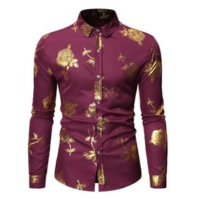 Bestgift Bronz Wine Red Uzun Kollu Çiçekli Erkek Gömlek