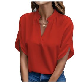 Bestgift Casual Kırmızı V Yaka Düz Kadın Gömlek