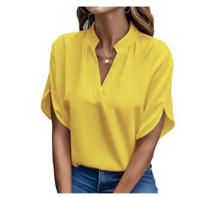 Bestgift Casual Yellow V Yaka Düz Kadın Gömlek