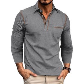 Bestgift Colorblocking Gri Uzun Kollu Polo Yaka Günlük Erkek Tişört