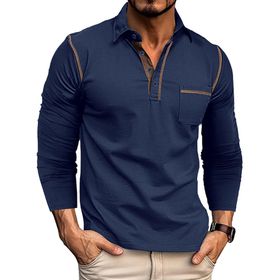 Bestgift Colorblocking Mavi Royal Blau Uzun Kollu Polo Yaka Günlük Erkek Tişört