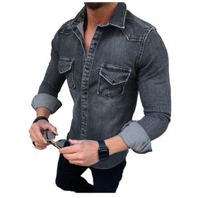 Bestgift Denim Gri Uzun Kollu Erkek Gömlek Ceket