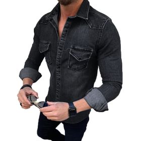 Bestgift Denim Siyah Uzun Kollu Erkek Gömlek Ceket