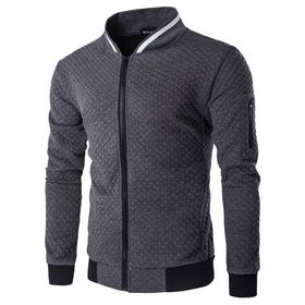 Bestgift Ekose Koyu Gri Dik Yaka Rahat Fermuar Erkek Ceket