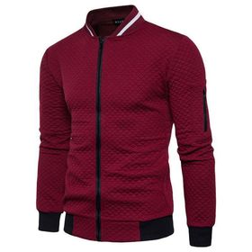 Bestgift Ekose Wine Red Dik Yaka Rahat Fermuar Erkek Ceket