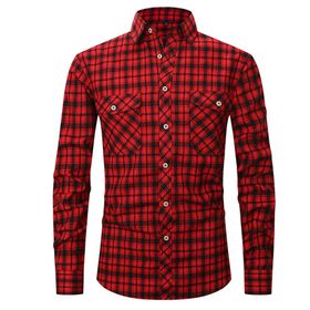 Bestgift Flanel Uzun Kollu Çift Cepli Kırmızı Erkek Gömlek