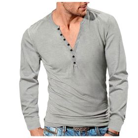 Bestgift Henley Açık Gri V Yaka Düğmeli İnce Düz Erkek Uzun Kollu T-shirt