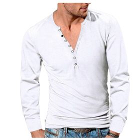 Bestgift Henley Beyaz V Yaka Düğmeli İnce Düz Erkek Uzun Kollu T-shirt