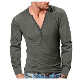 Bestgift Henley Koyu Gri V Yaka Düğmeli İnce Düz Erkek Uzun Kollu T-shirt