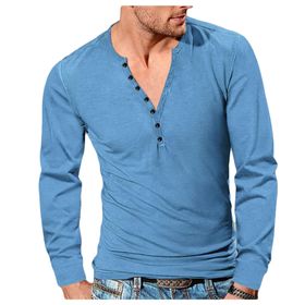Bestgift Henley Mavi Light Blue V Yaka Düğmeli İnce Düz Erkek Uzun Kollu T-shirt