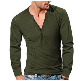 Bestgift Henley Ordu Yeşili V Yaka Düğmeli İnce Düz Erkek Uzun Kollu T-shirt