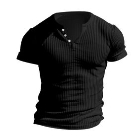 Bestgift Henley Siyah Kısa Kollu Düz Erkek T-shirt