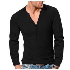 Bestgift Henley Siyah V Yaka Düğmeli İnce Düz Erkek Uzun Kollu T-shirt