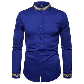 Bestgift Henry Mavi Royal Blau Uzun Kollu Nakışlı Erkek Gömlek