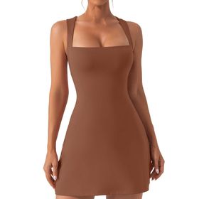 Bestgift Kaşkorse Deve Kare Boyun Düz Kolsuz Kadın Elbise