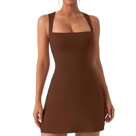 Bestgift Kaşkorse Kahverengi Kare Boyun Düz Kolsuz Kadın Elbise