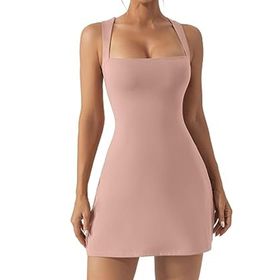 Bestgift Kaşkorse Pembe Kare Boyun Düz Kolsuz Kadın Elbise