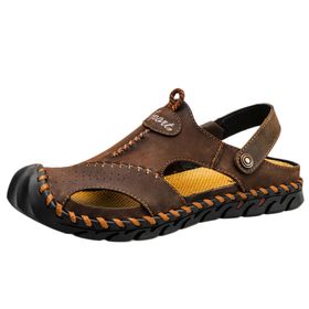 Bestgift Koyu Kahverengi Büyük Boy Deri Rahat Erkek Sandalet