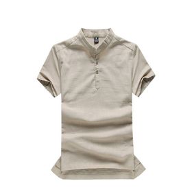 Bestgift Moda Düz Keten Kısa Kollu Dik Yaka Günlük Erkek Tişört