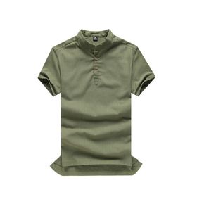 Bestgift Moda Düz Keten Kısa Kollu Dik Yaka Günlük Erkek Tişört