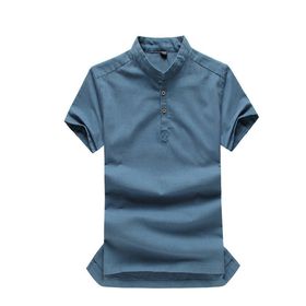 Bestgift Moda Düz Keten Kısa Kollu Dik Yaka Günlük Erkek Tişört