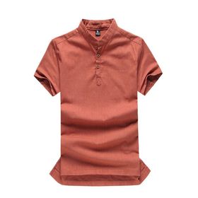 Bestgift Moda Düz Keten Kısa Kollu Dik Yaka Günlük Erkek Tişört