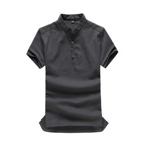 Bestgift Moda Düz Keten Kısa Kollu Dik Yaka Günlük Erkek Tişört