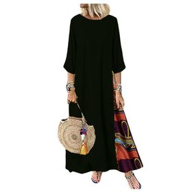 Bestgift Patchwork Siyah Yuvarlak Yaka Yedi Kol Günlük Kadın Elbise