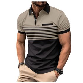Bestgift Polo Bej Fermuar Baskılı Çizgili Kısa Kollu Erkek Gömlek