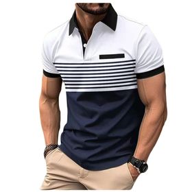 Bestgift Polo Beyaz Fermuar Baskılı Çizgili Kısa Kollu Erkek Gömlek