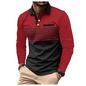 Bestgift Polo Kırmızı Uzun Kollu Çizgili Baskılı Erkek Gömlek