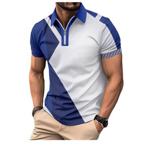 Bestgift Polo Mavi Royal Blau Kısa Kollu Fermuar Yaka Erkek Gömlek