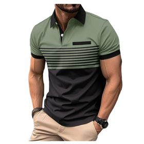 Bestgift Polo Yeşil Fermuar Baskılı Çizgili Kısa Kollu Erkek Gömlek