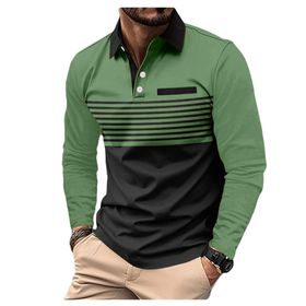 Bestgift Polo Yeşil Uzun Kollu Çizgili Baskılı Erkek Gömlek