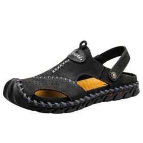 Bestgift Siyah Büyük Boy Deri Rahat Erkek Sandalet