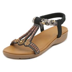 Bestgift Siyah Elastik Bant Rahat Hafif Kadın Sandalet