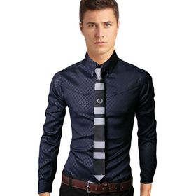 Bestgift Slim Fit Koyu Mavi Kent Yaka Uzun Kollu Erkek Gömlek