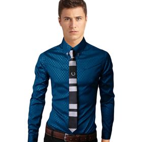 Bestgift Slim Fit Mavi Royal Blau Kent Yaka Uzun Kollu Erkek Gömlek